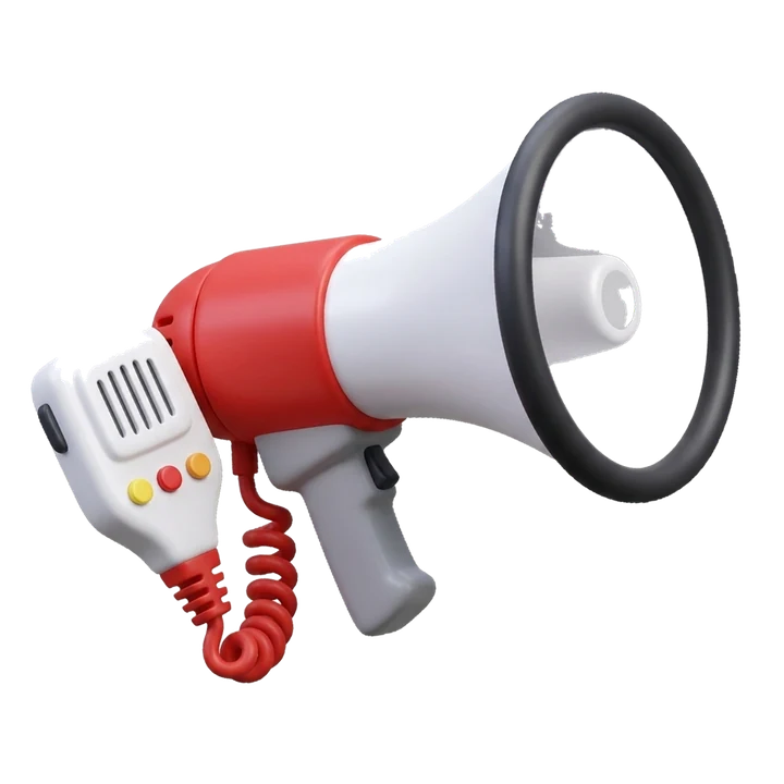 Megafono gorri-zuria eskuko mikrofonoarekin, 3D ikonoa