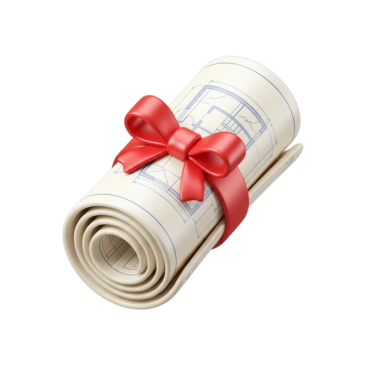 Rolled-up blueprint tied with a red ribbon, 3D icon
