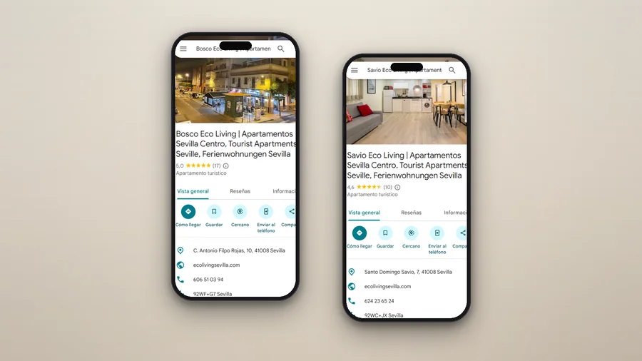 Perfils de Google Business de Bosco i Savio Eco Living en mòbil — Auve Nico