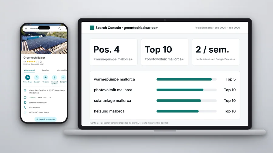 Perfil de Google Business i posicions de Greentech Balear en mòbil i portàtil — Auve Nico