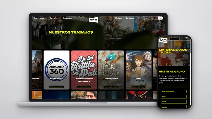Web bilingüe de Grupo ADM TV en portàtil, tauleta i mòbil — Auve Nico